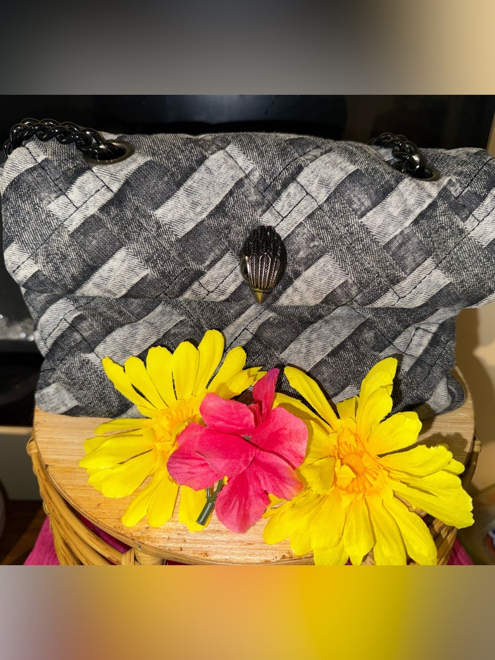 Kurt Geiger Quilted Gray Shoulder Bag with Chain Detail